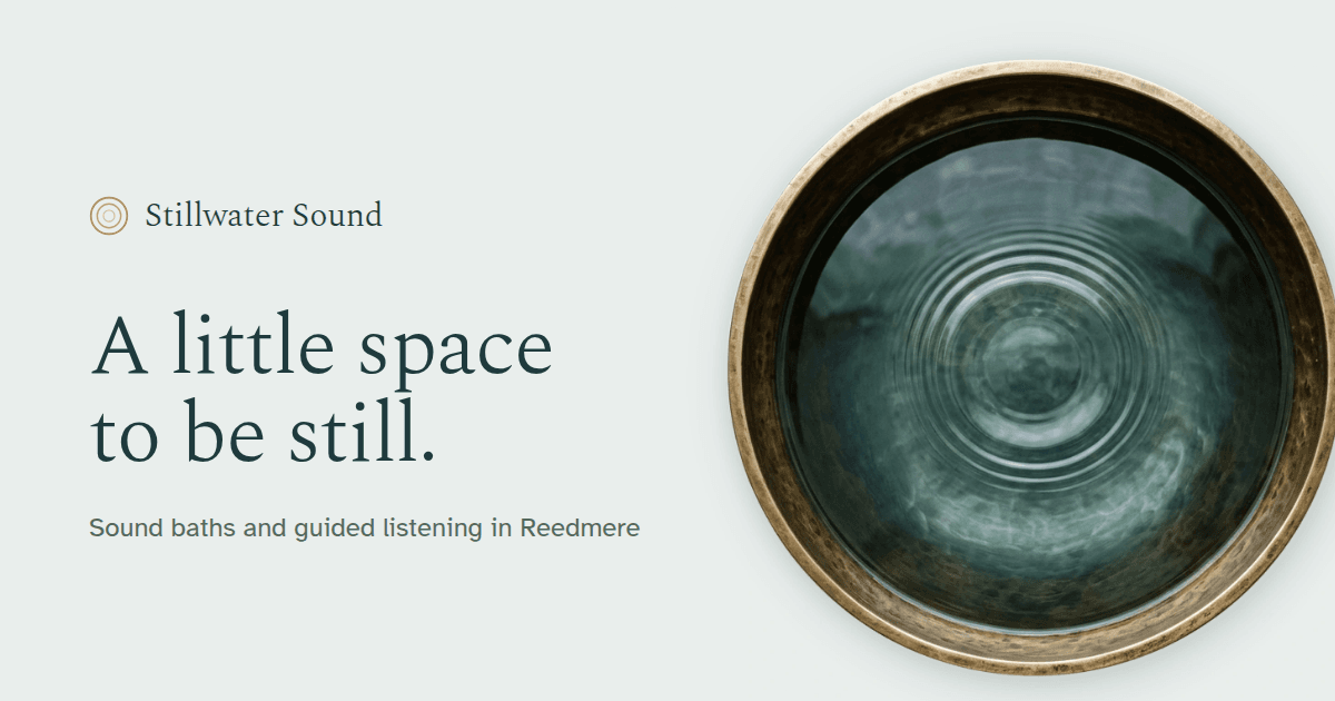 The Stillwater Sound preview: “A little space to be still.” in dark serif type on pale stone, beside a brass singing bowl of water seen from above, rings spreading across its surface.